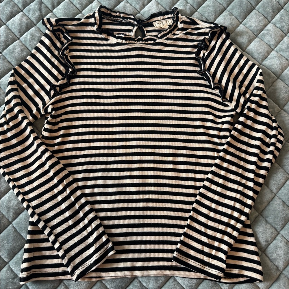 Hayden Girls Black and Cream Striped Top With Ruffles